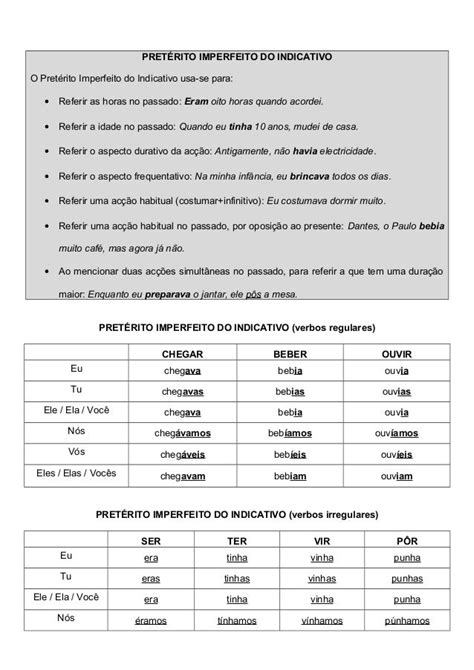 Pretérito Imperfeito Do Indicativo Exercícios Portugues Ple