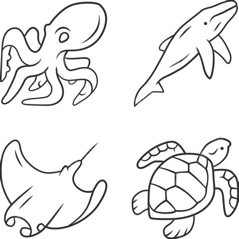 Set Of Linear Icons Depicting Underwater Creatures Octopus Design