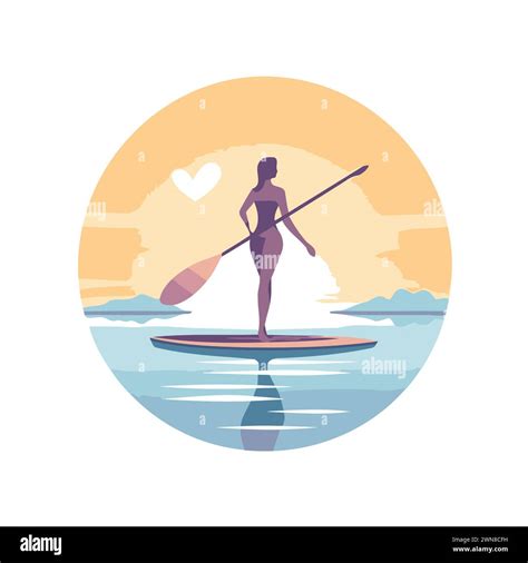 Woman On Stand Up Paddle Board Vector Illustration In Flat Style Stock