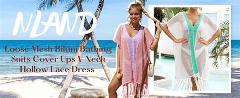 NLAND Women Crochet Swimsuit Cover Up V Neck Hollow Tassels Bikini Beach Dress Loose Color