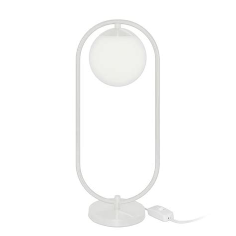 A White Table Lamp With A Round Light On The Base And A Cord Attached To It