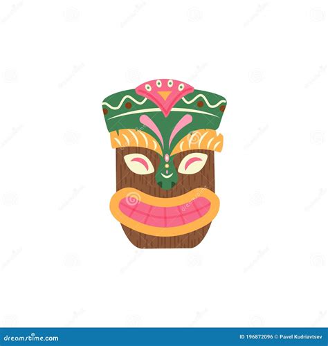 Wooden Ethnic Colorful Hawaiian Tiki Mask Flat Vector Illustration