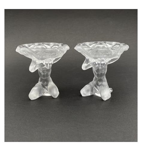 Collectors Pair Of Art Deco Style Nude Figural Satin Glass Sweetmeat Trinket Dishes