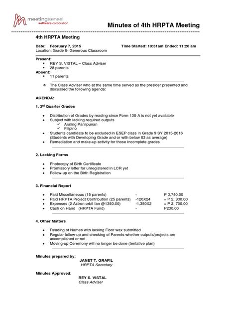 4th Hrpta Meeting Minutes Sy 2014 2015 Pdf Behavior Modification