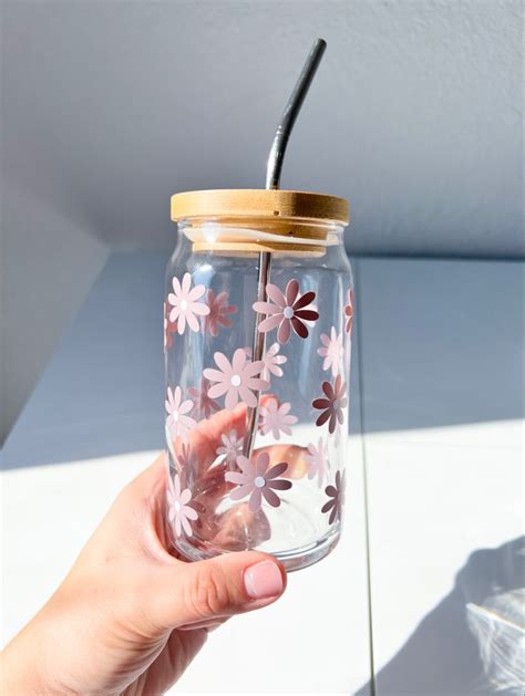 Daisy Iced Coffee Glass Cup Flower Cup 16 Oz Glass Cup Beer Can