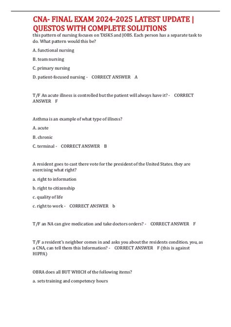 CNA- FINAL EXAM LATEST UPDATE | QUESTOS WITH COMPLETE SOLUTIONS - Cna