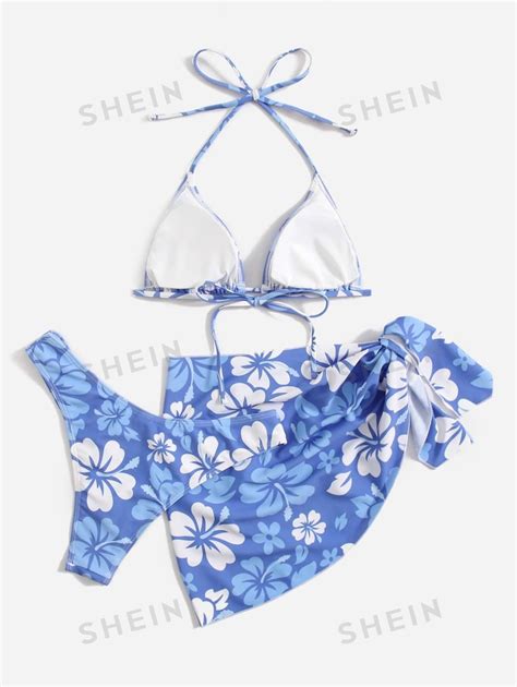 SHEIN Swim Conjunto de bikini floral Sujetador micro triángulo halter