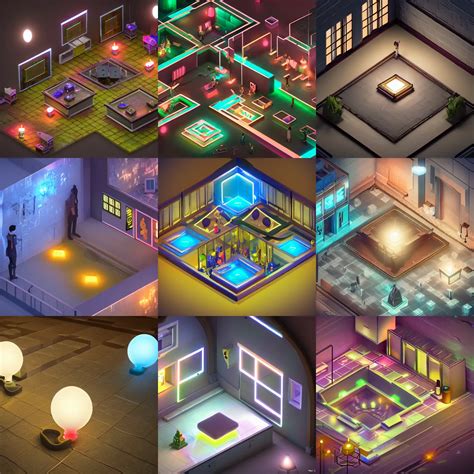 Isometric Game Art Museum Escape Room Indoor Lights Stable Diffusion