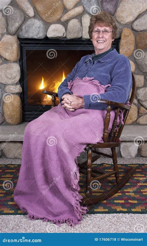 Senior Woman Grandma Rocking Chair Fireplace Stock Photo Image