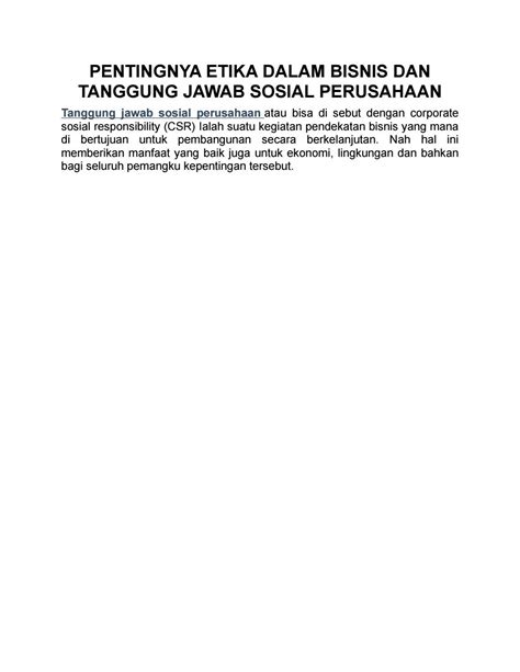 Pentingnya Etika Dalam Bisnis Dan Tanggung Jawab Sosial Perusahaan By Nurul Ddv Issuu