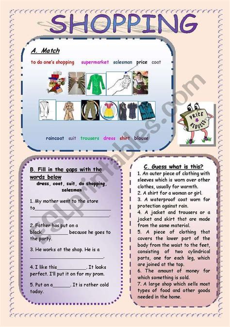 Shopping Worksheets For Esl Learners