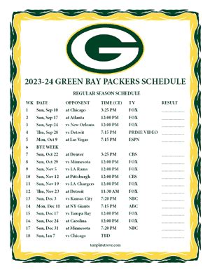 Printable 2023-2024 Green Bay Packers Schedule