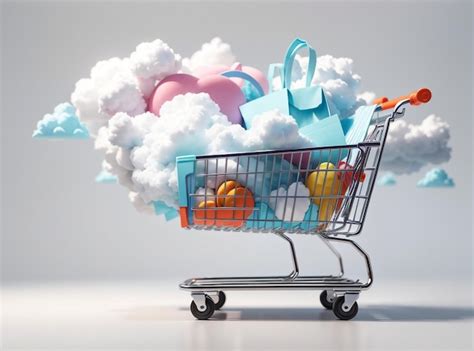 Premium AI Image Seamless Shopping 3D Shopping Cart With Cloud For