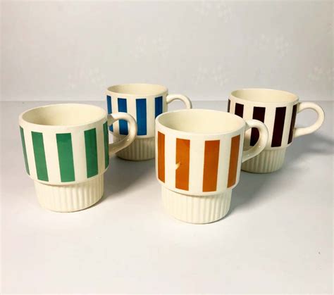 Stackable Striped Vintage Coffee Mugs Set Of 4 Mid Century Modern