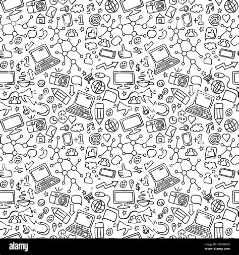 Social Media Doodles Seamless Pattern Computer Technology Hand Drawn