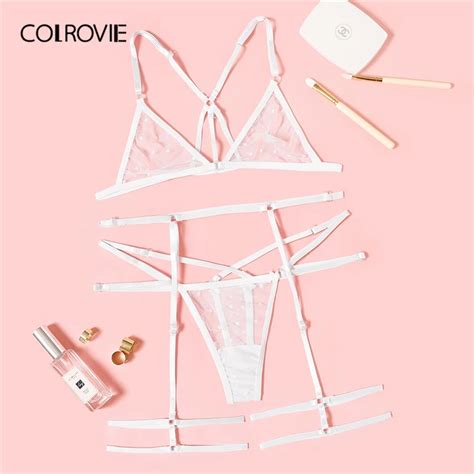 Colrovie White Lace Harness Sheer Garter Lingerie Set Sexy Women