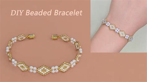 Diy Beaded Bracelet With Delica Seed Beads And White Pearls Brick