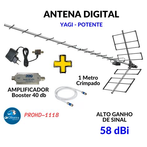 Antena Digital Externa Para Tv Yagi PROHD 1118 Booster PQBT 40Dbi