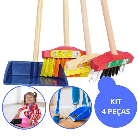 Super Kit Infantil Vassoura Rodo Vassoura Piaçava Pazinha 4 Peças Ou