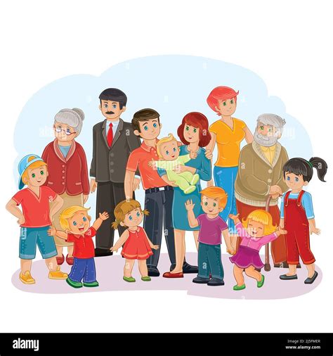 Ilustración vectorial de una gran familia feliz de trece personas