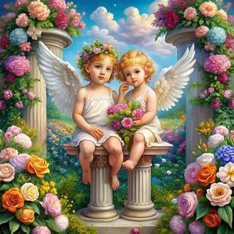 Two Beautiful Baby Angels with Wings Sitting on a Temple Pillar