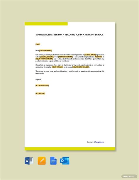 Application Letter For A Primary School Teaching Job Template In Google