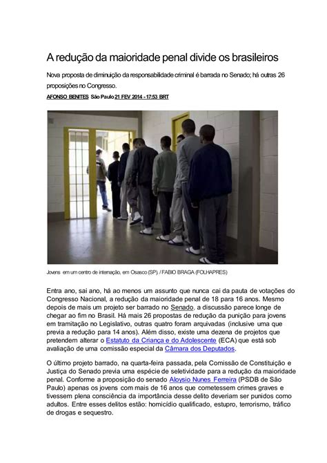 A redução da maioridade penal divide os brasileiros docx 1 PDF