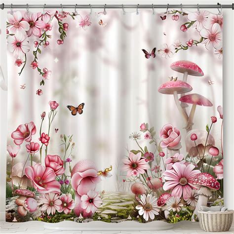 Fantasy Fairy Tale Garden Shower Curtain With Pink Flowers Mushrooms