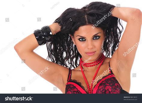 Sexy Brunette Red Corset Holding Her Stock Photo Shutterstock