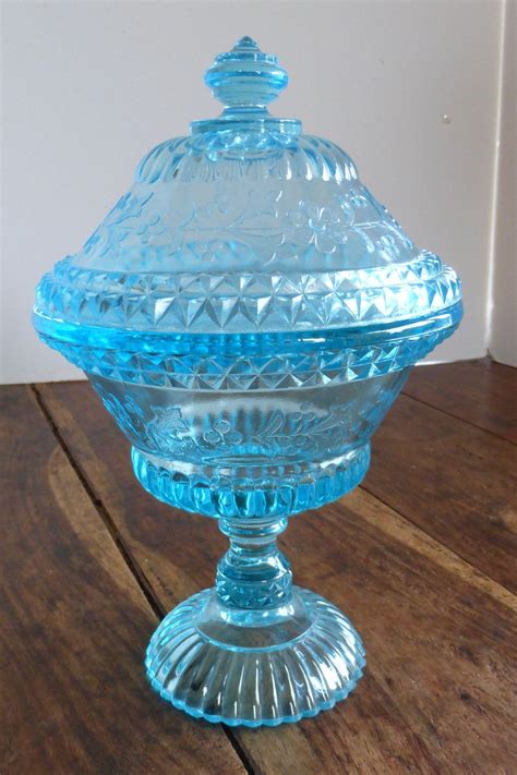 Antique Adams And Co Eapg Blue Glass 9 Inch Compote With Lid Wildflower