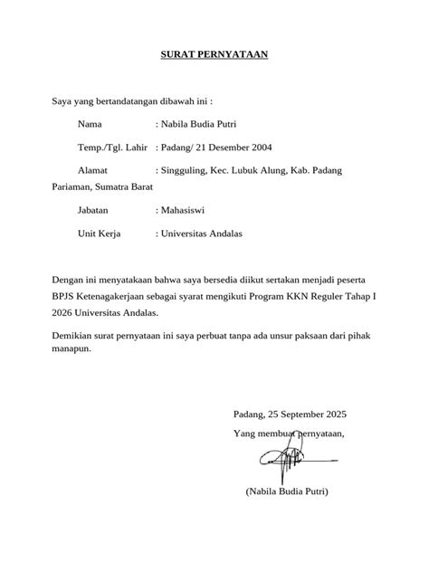 surat pernyataan bpjs ketenagakerjaan salinan