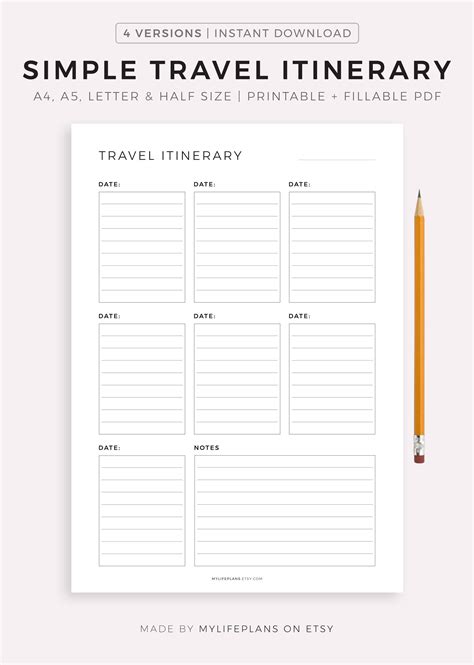 Simple Travel Itinerary Printable Travel Planner Template Etsy Uk