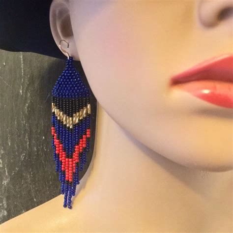 Native American Beaded Fringe Statement Earrings Blue Red Etsy Uk In 2024 Beautiful Beaded