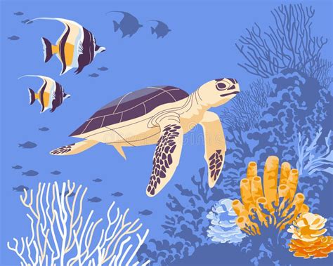 Underwater Coral Reef Nature Graphic Landscape With Sea Turtle Coral