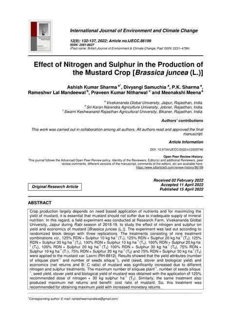 Pdf Effect Of Nitrogen And Sulphur In The Production Of The Mustard