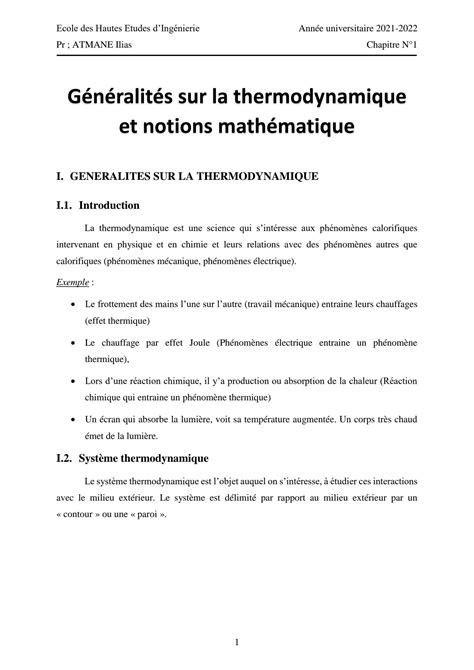 Solution Chapitre G N Ralit S Sur La Thermodynamique Et Notions