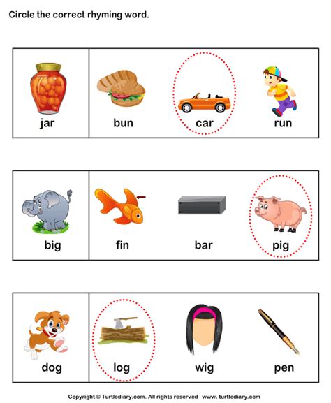 Circle One Picture In Each Row That Rhymes With The First One Worksheet