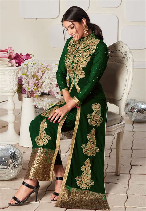 Green Faux Georgette Center Slit Anarkali Suit 8003