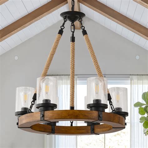 Rustic Wagon Wheel Chandelier With Seeded Glass Shades Lights