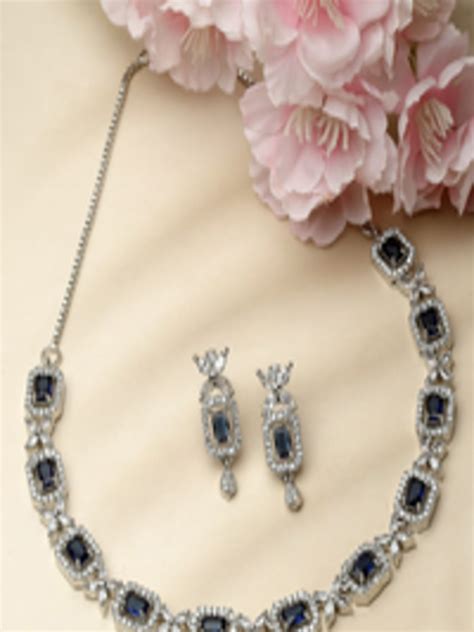 Buy Zeneme Rhodium Plated American Diamond Studded Jewellery Set