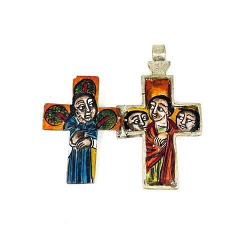 Ethiopian Painted Icon Coptic Cross Silver Pendant Af Gem