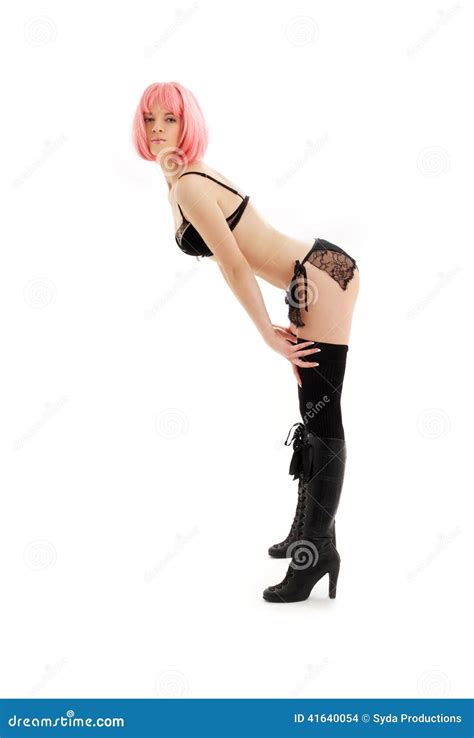 Fille Dans La Lingerie Noire Avec Les Cheveux Roses 2 Photo Stock Image Du Classique Adulte