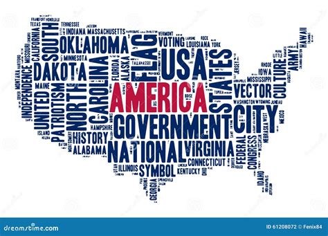 United States Of America Cloud Of Words In Contour Of America Stock