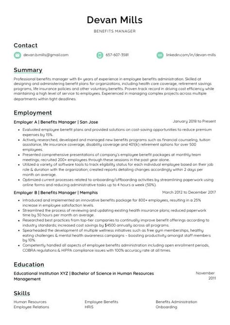 Benefits Manager Resume Cv Example And Writing Guide