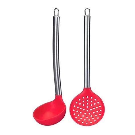 Kit Concha Escumadeira 2 Utensílios Silicone e Inox Vermelho Wellmix