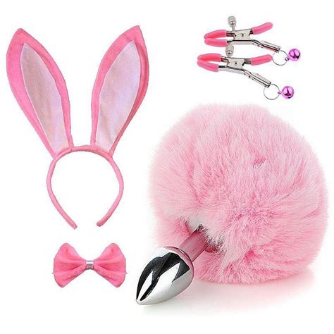 Kit Plug Anal Pompom Gravata Grampos Seios E Tiara Orelhas Rosa Sexy Import Plug Sexual