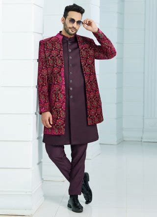 Shop Fancy And Print Work Velvet Indo Western Sherwani In Teal For