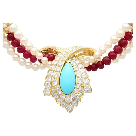 Vintage Pearl And Carat Ruby Strand Turquoise And Diamond Clasp