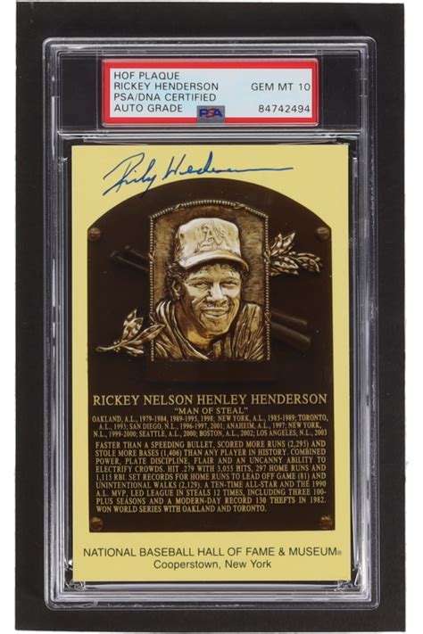 Rickey Henderson Signed Hall Of Fame Plaque Postcard Psa Pristine