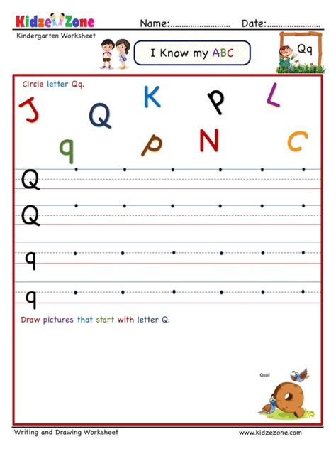 Kindergarten Letter Q Writing and Activity worksheet - KidzeZone